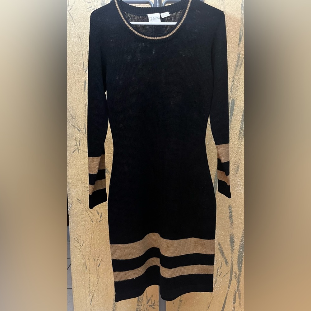 Black sweater dress with tan stripes by Styleworks Size Small